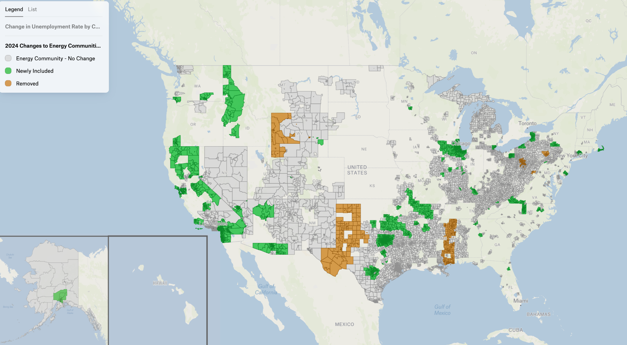 map showing included and removed energy communities in 2024